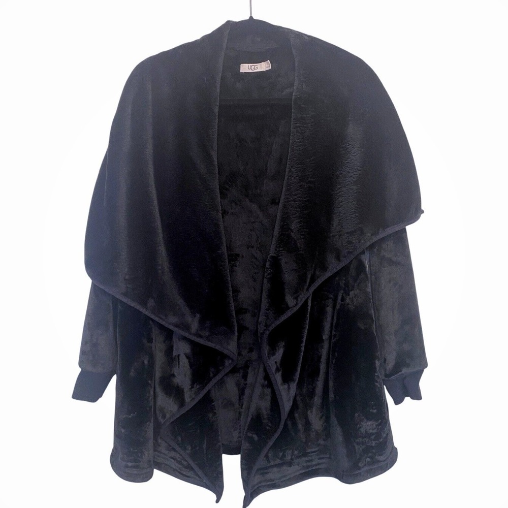 UGG Duffield II Black Plush Fleece Draped Open Front Robe Cardigan Womens M Soft